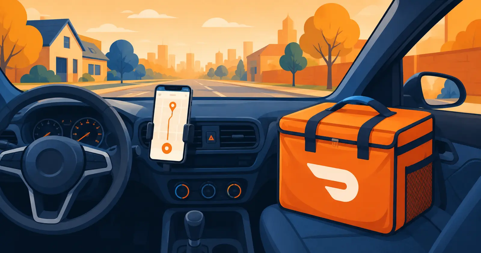 Illustration of a food delivery driver's dashboard with a delivery app and insulated bag in a car