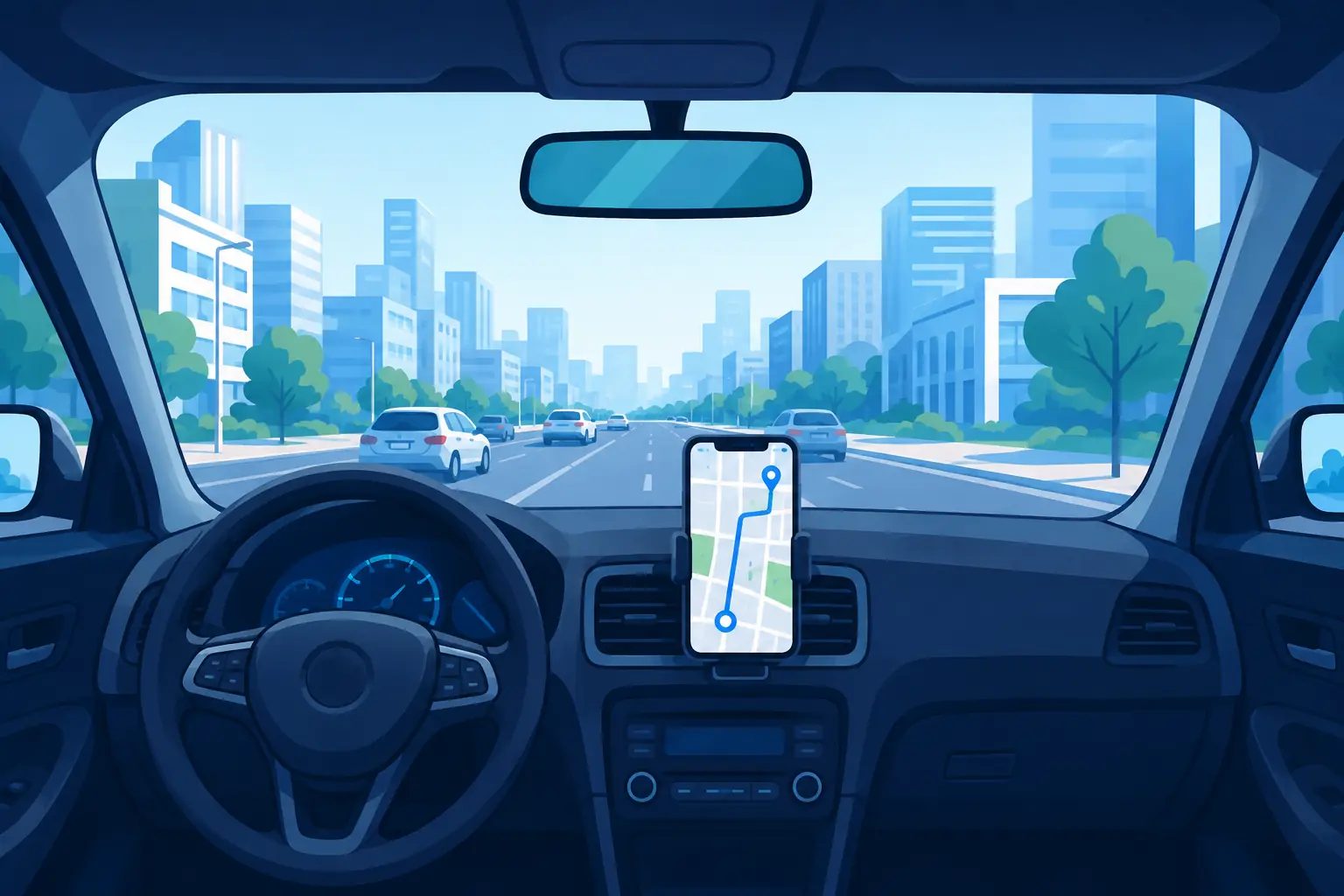 Illustration of an Uber driver using a rideshare app in a car with a phone navigation dashboard